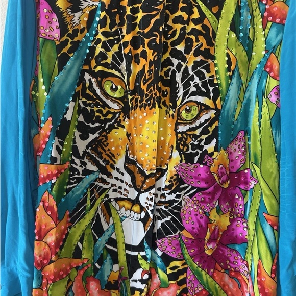 Diane Gilman Women's VTG silk Blue tiger Blouse Size 3X - Picture 14 of 14